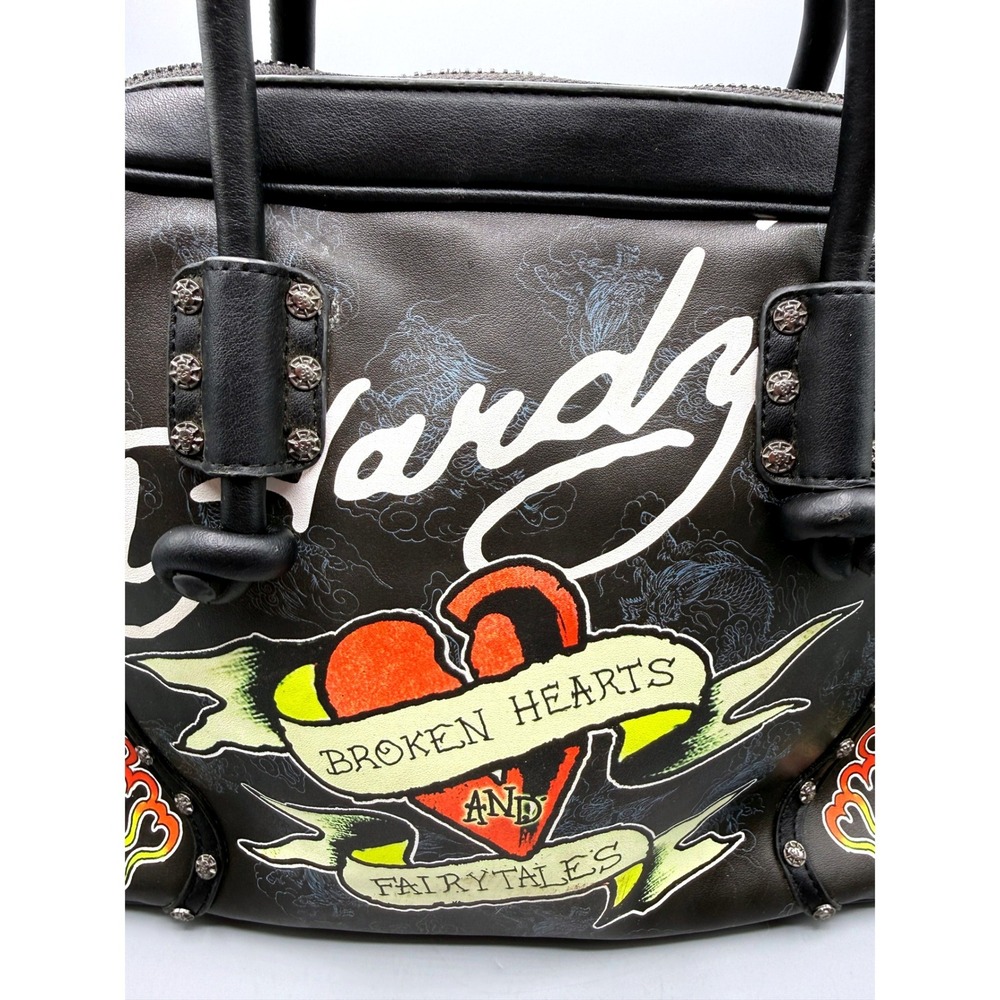 Ed Hardy Black Tattoo Satchel Broken Hearts Fairytales Crossbody Bag Studded - Picture 2 of 16